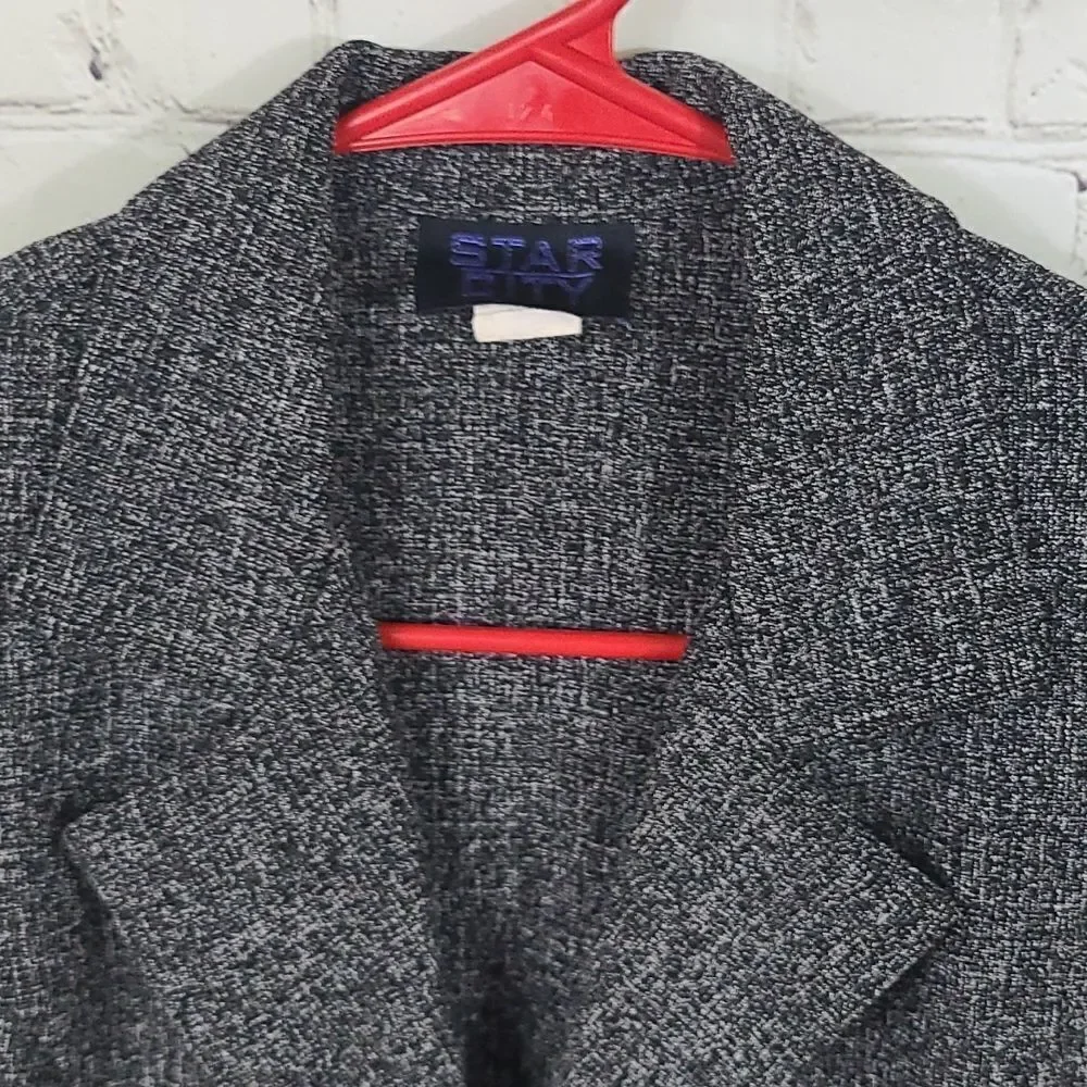 Black White Tweed Blazer Jacket Small Piped Pockets Modern Tailored Office Chic